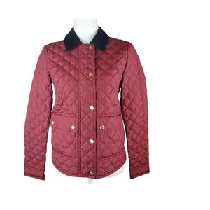 J CREW Down Quilted Barn Jacket with Corduroy Collar in Burgundy Womens XS